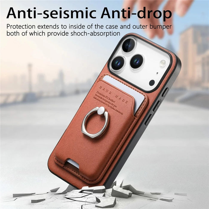 For iPhone 17 Pro Max Case Cloth Texture Leather + PC + TPU Phone Cover with Detachable Magnetic Ring Kickstand Card Holder - Brown - 7
