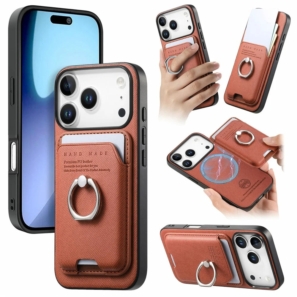 For iPhone 17 Pro Case Cloth Texture  Leather + PC + TPU Phone Cover with Detachable Magnetic Ring Kickstand Card Holder - Brown - 1