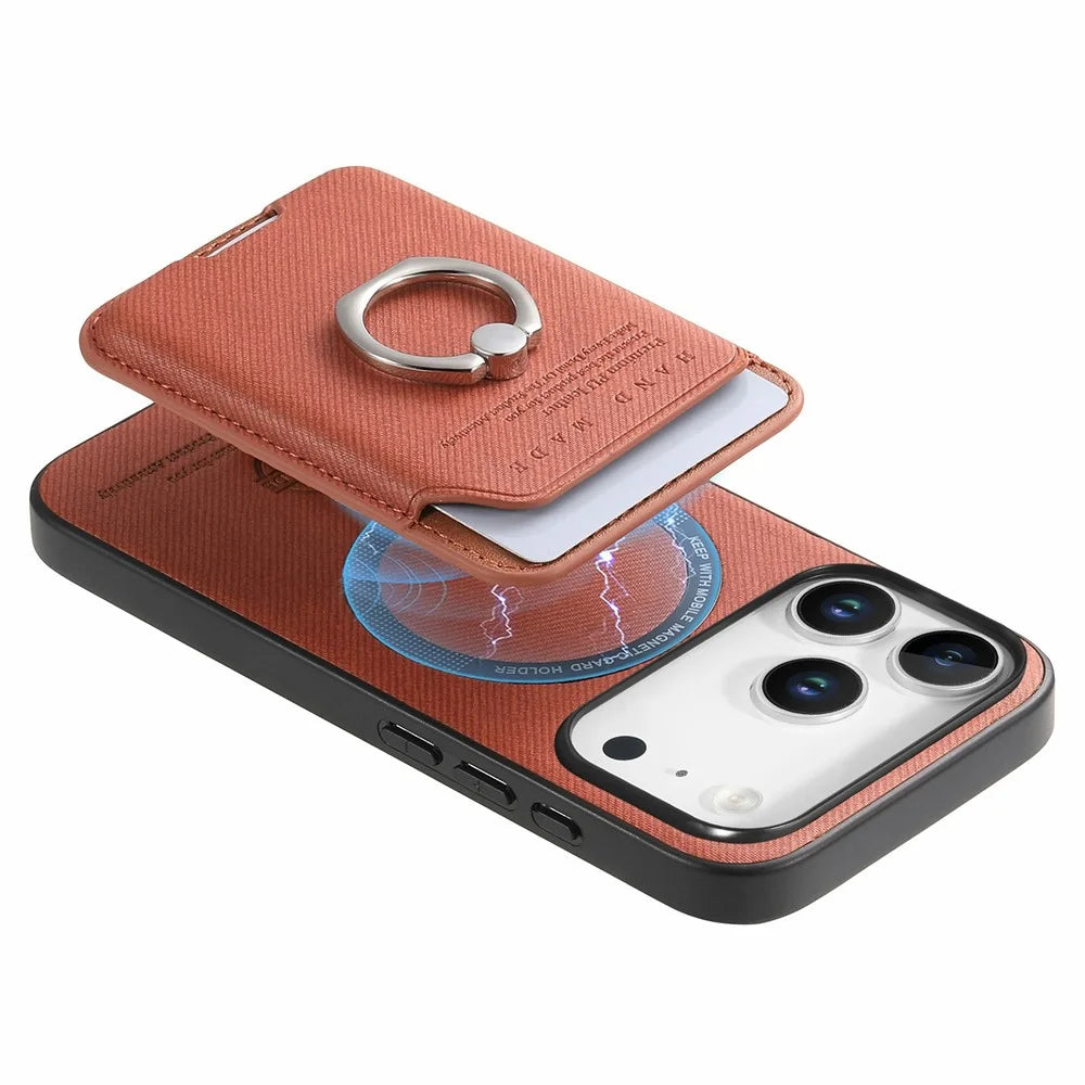For iPhone 17 Pro Case Cloth Texture  Leather + PC + TPU Phone Cover with Detachable Magnetic Ring Kickstand Card Holder - Brown - 5