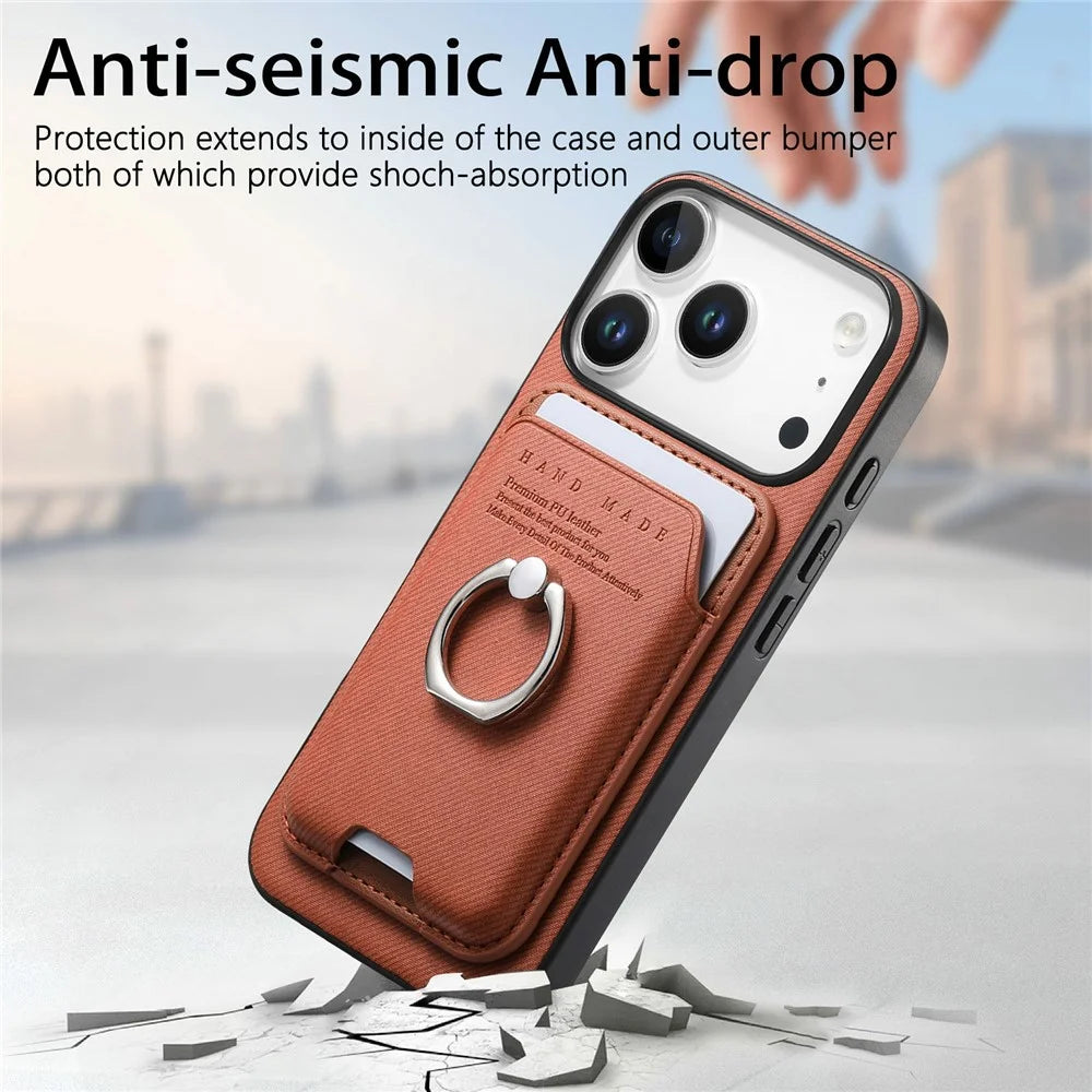 For iPhone 17 Pro Case Cloth Texture  Leather + PC + TPU Phone Cover with Detachable Magnetic Ring Kickstand Card Holder - Brown - 7