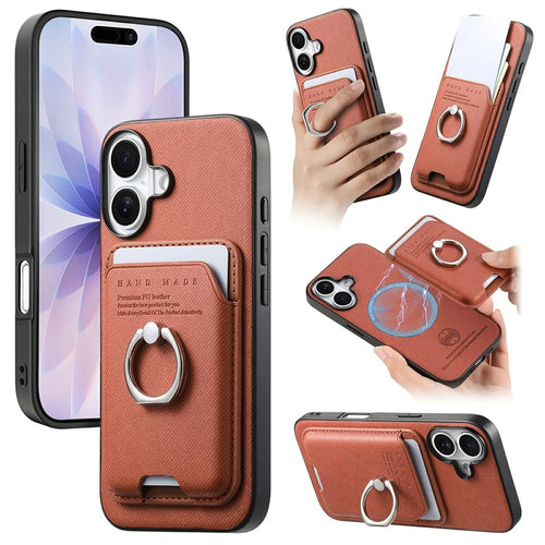 For iPhone 17 Case Cloth Texture Leather + PC + TPU Phone Cover with Detachable Magnetic Ring Kickstand Card Holder - Brown - 1