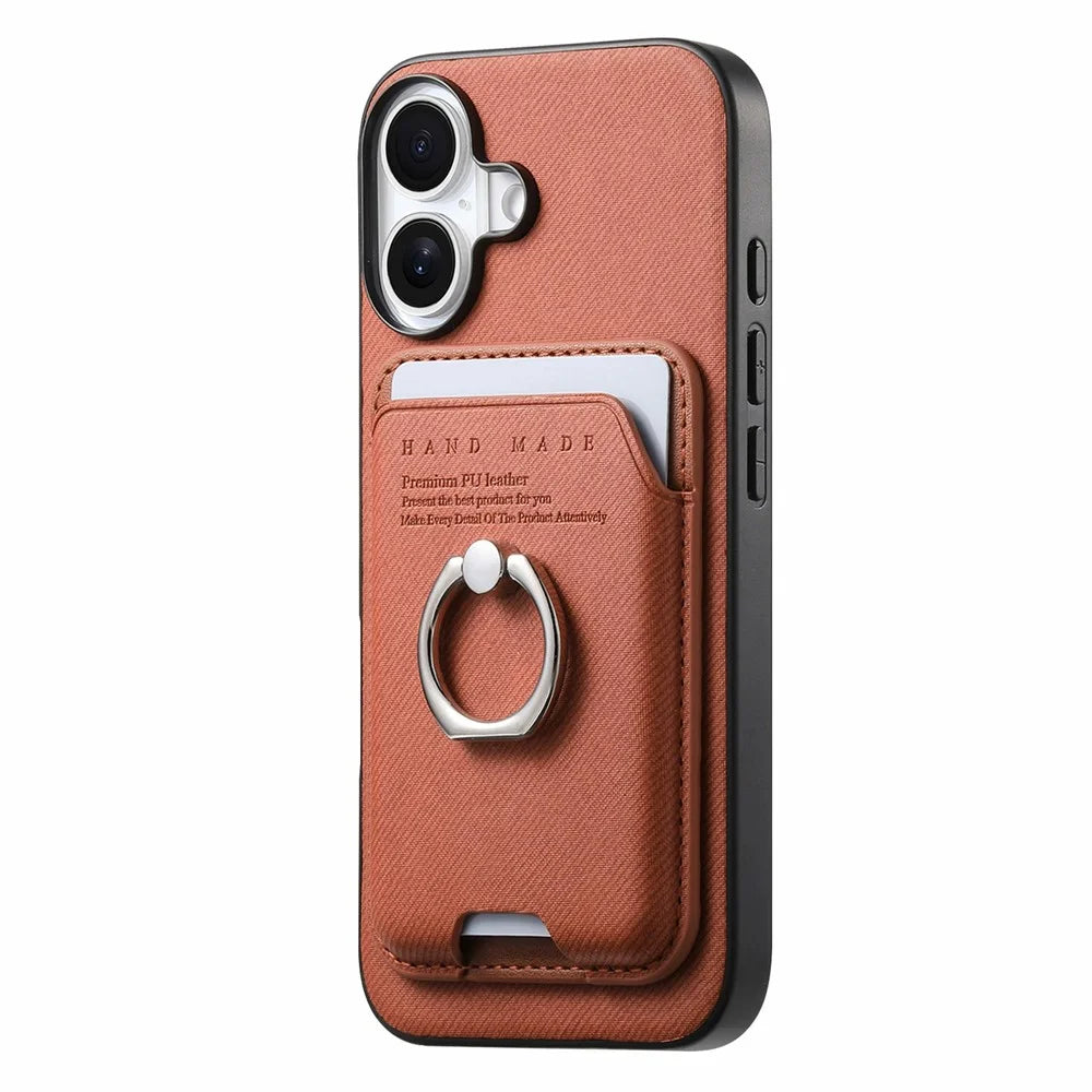 For iPhone 17 Case Cloth Texture Leather + PC + TPU Phone Cover with Detachable Magnetic Ring Kickstand Card Holder - Brown - 2