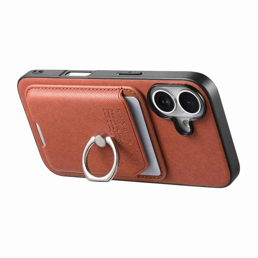 For iPhone 17 Case Cloth Texture Leather + PC + TPU Phone Cover with Detachable Magnetic Ring Kickstand Card Holder - Brown - 3