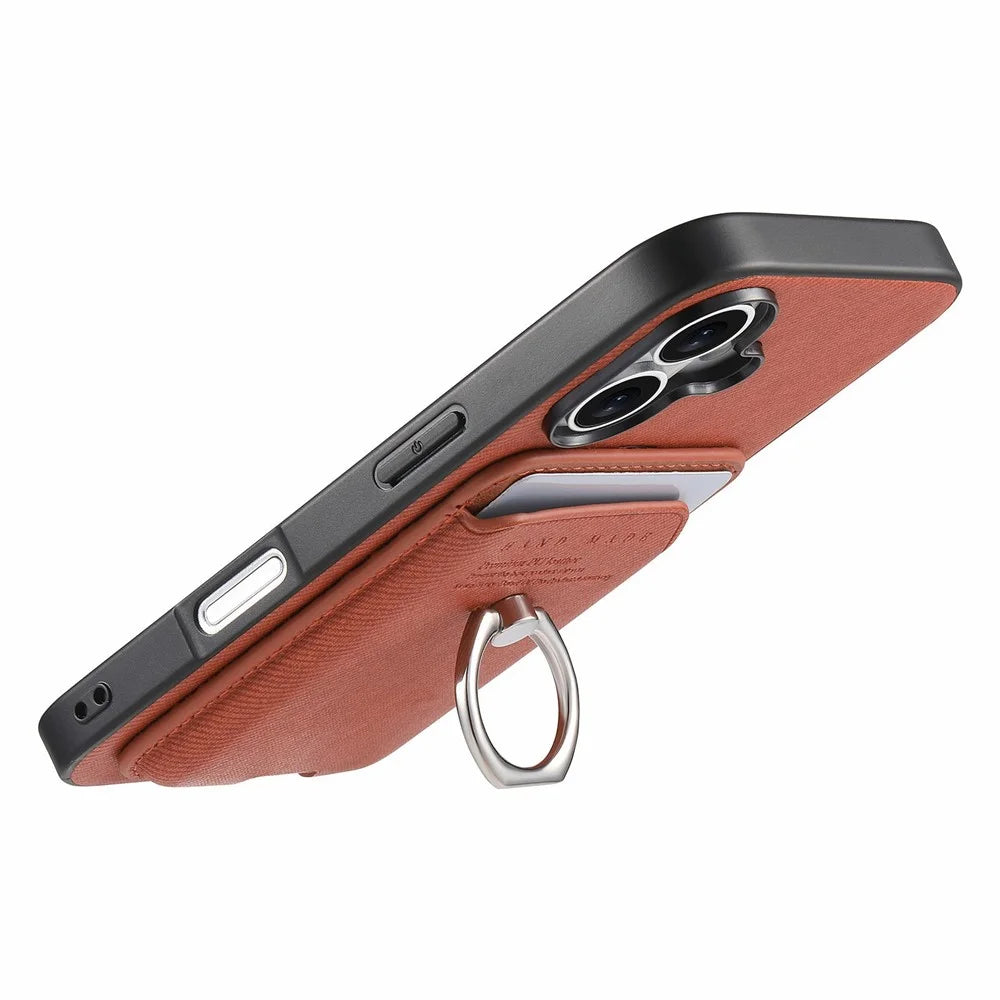 For iPhone 17 Case Cloth Texture Leather + PC + TPU Phone Cover with Detachable Magnetic Ring Kickstand Card Holder - Brown - 4