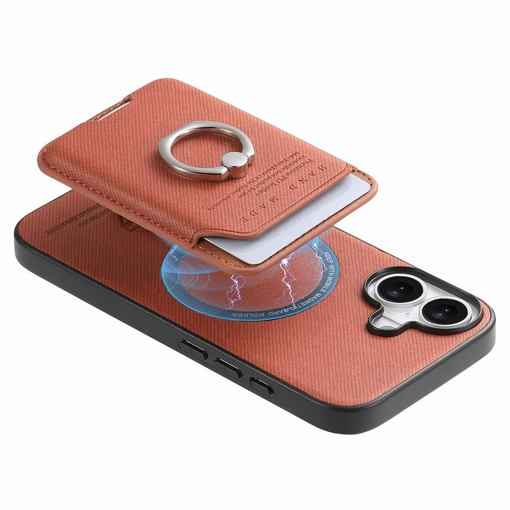 For iPhone 17 Case Cloth Texture Leather + PC + TPU Phone Cover with Detachable Magnetic Ring Kickstand Card Holder - Brown - 5