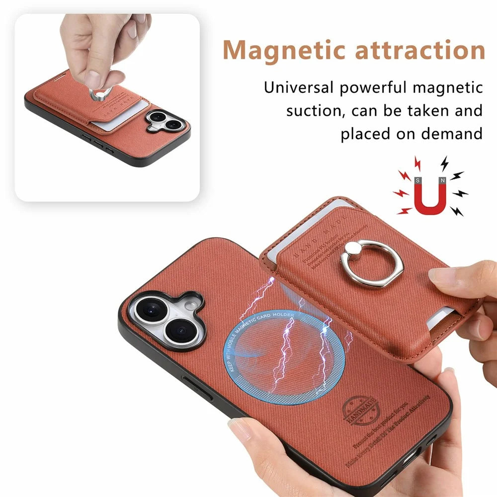 For iPhone 17 Case Cloth Texture Leather + PC + TPU Phone Cover with Detachable Magnetic Ring Kickstand Card Holder - Brown - 6
