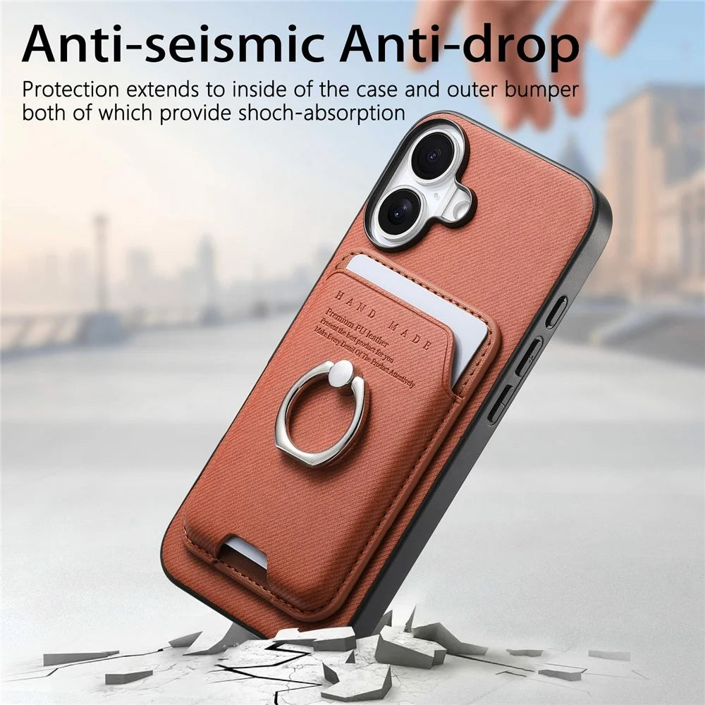 For iPhone 17 Case Cloth Texture Leather + PC + TPU Phone Cover with Detachable Magnetic Ring Kickstand Card Holder - Brown - 7