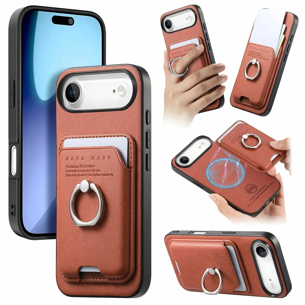 For iPhone Air Case Cloth Texture  Leather + PC + TPU Phone Cover with Detachable Magnetic Ring Kickstand Card Holder - Brown - 1