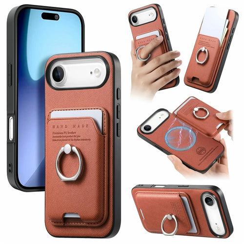 For iPhone Air Case Cloth Texture  Leather + PC + TPU Phone Cover with Detachable Magnetic Ring Kickstand Card Holder - Brown - 1