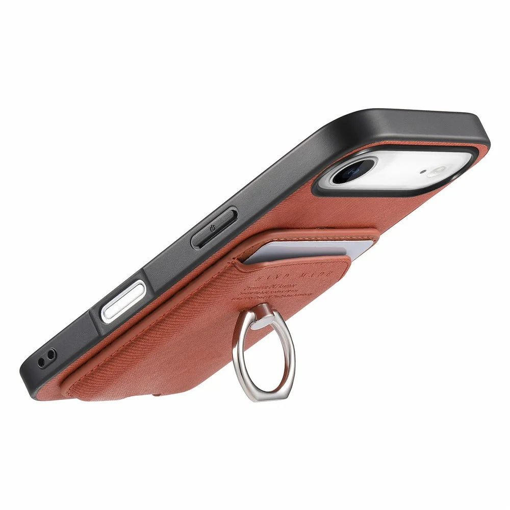 For iPhone Air Case Cloth Texture  Leather + PC + TPU Phone Cover with Detachable Magnetic Ring Kickstand Card Holder - Brown - 4