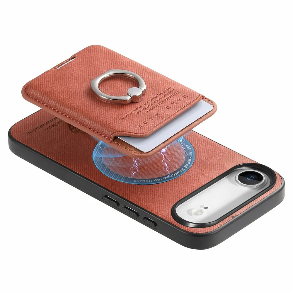 For iPhone Air Case Cloth Texture  Leather + PC + TPU Phone Cover with Detachable Magnetic Ring Kickstand Card Holder - Brown - 5