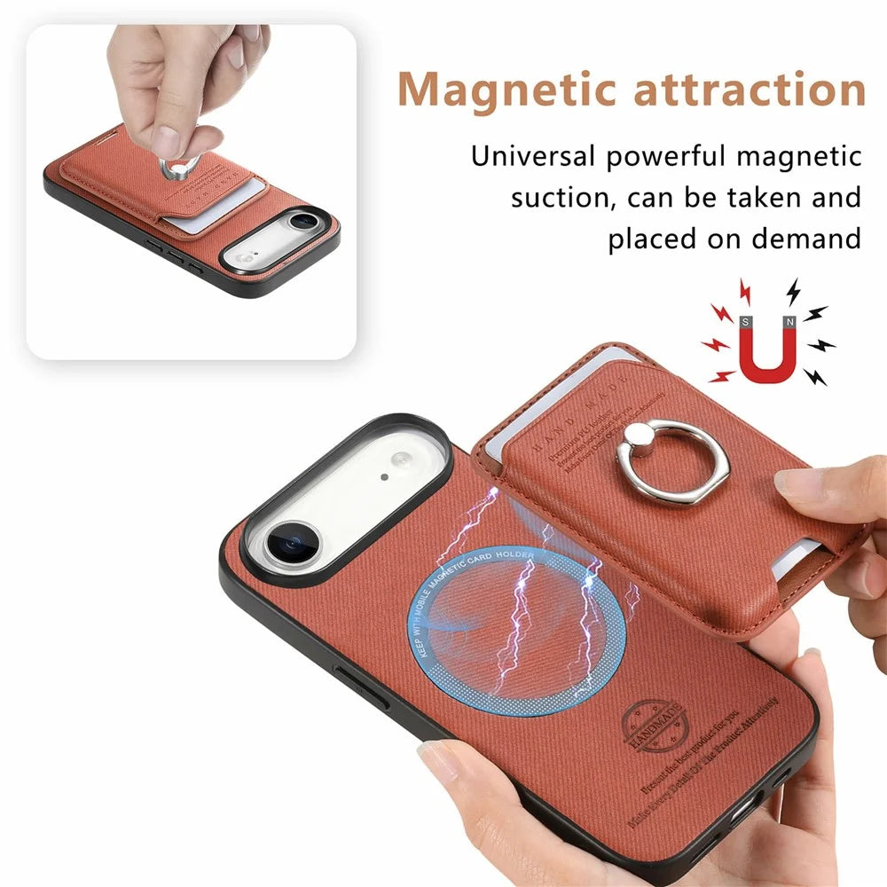 For iPhone Air Case Cloth Texture  Leather + PC + TPU Phone Cover with Detachable Magnetic Ring Kickstand Card Holder - Brown - 6