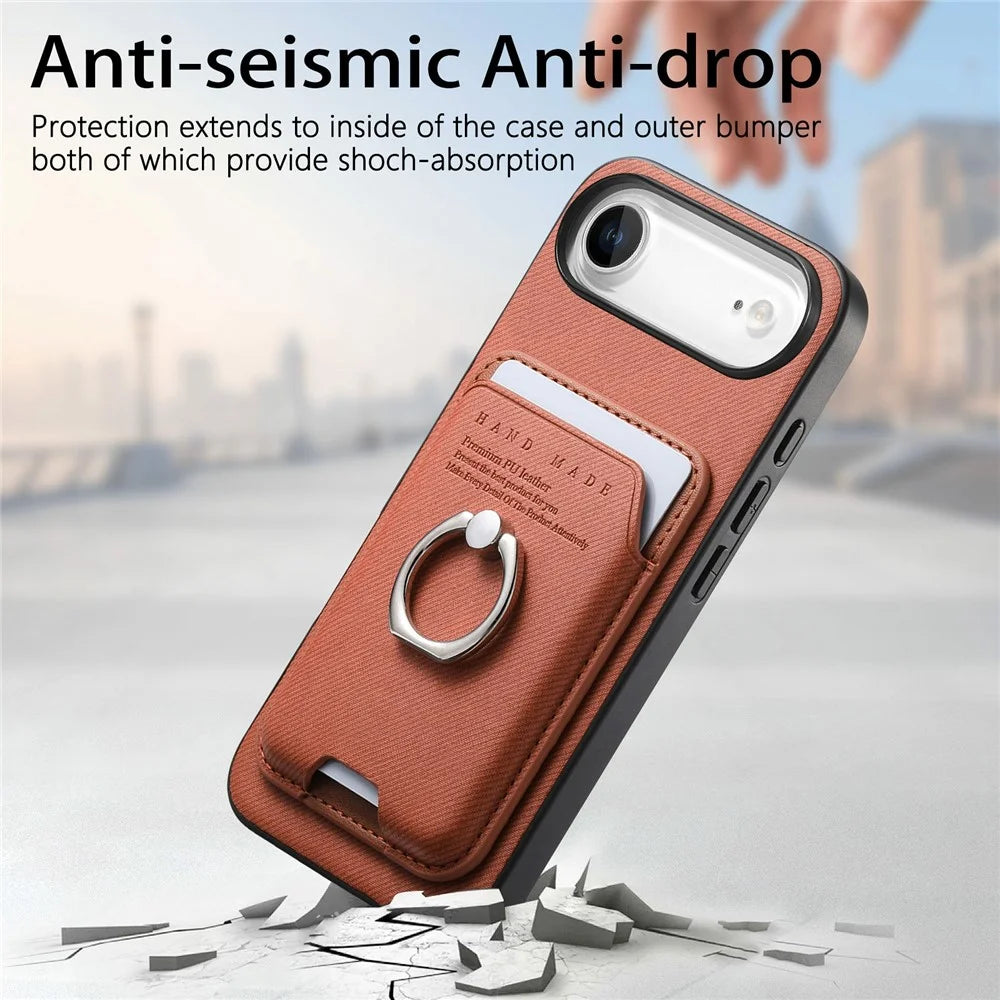 For iPhone Air Case Cloth Texture  Leather + PC + TPU Phone Cover with Detachable Magnetic Ring Kickstand Card Holder - Brown - 7