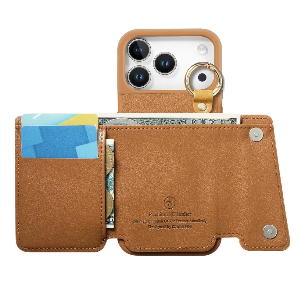 For iPhone 17 Pro Case D-Ring Holder Leather + PC + TPU Phone Cover with Wallet Kickstand - Brown - 3