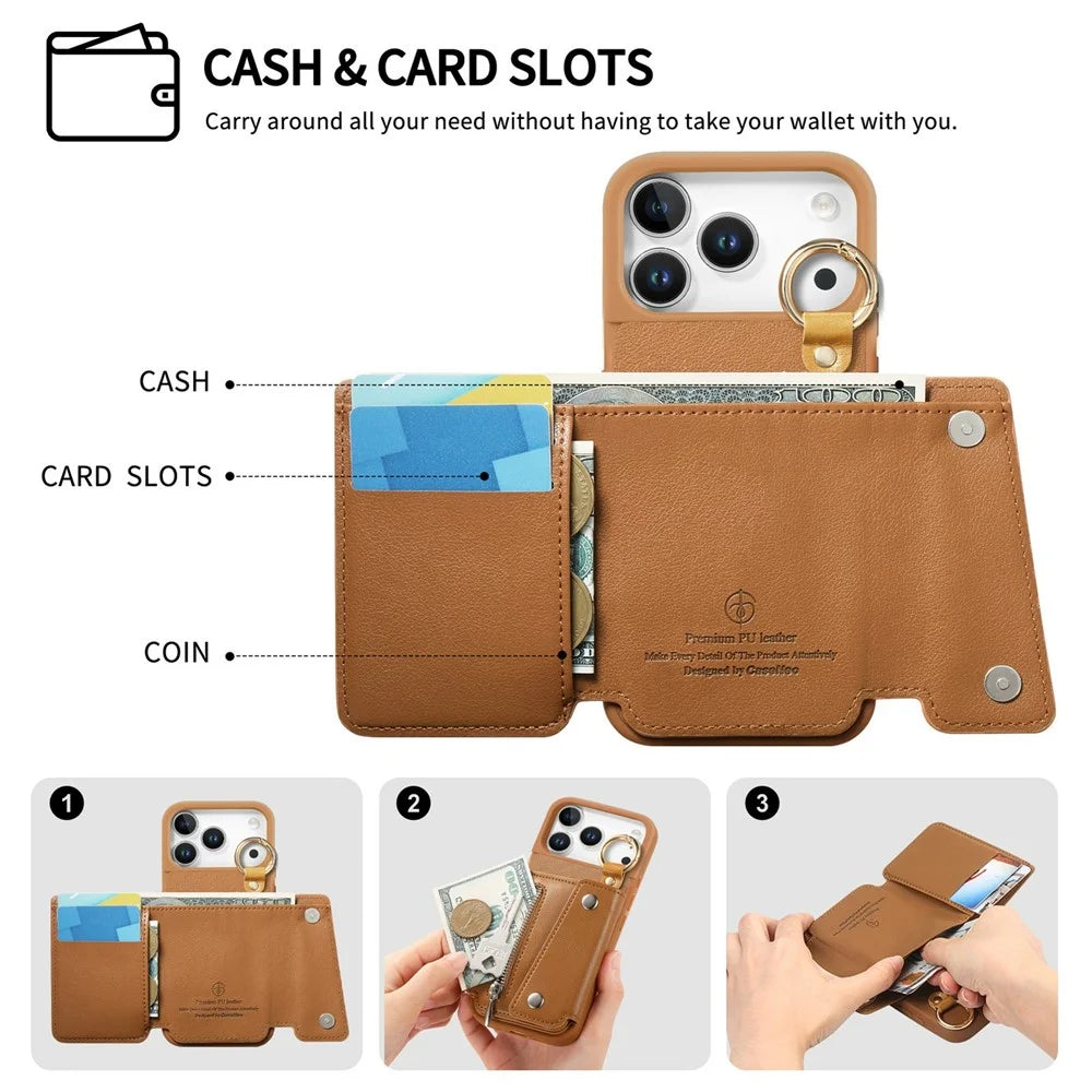 For iPhone 17 Pro Case D-Ring Holder Leather + PC + TPU Phone Cover with Wallet Kickstand - Brown - 5