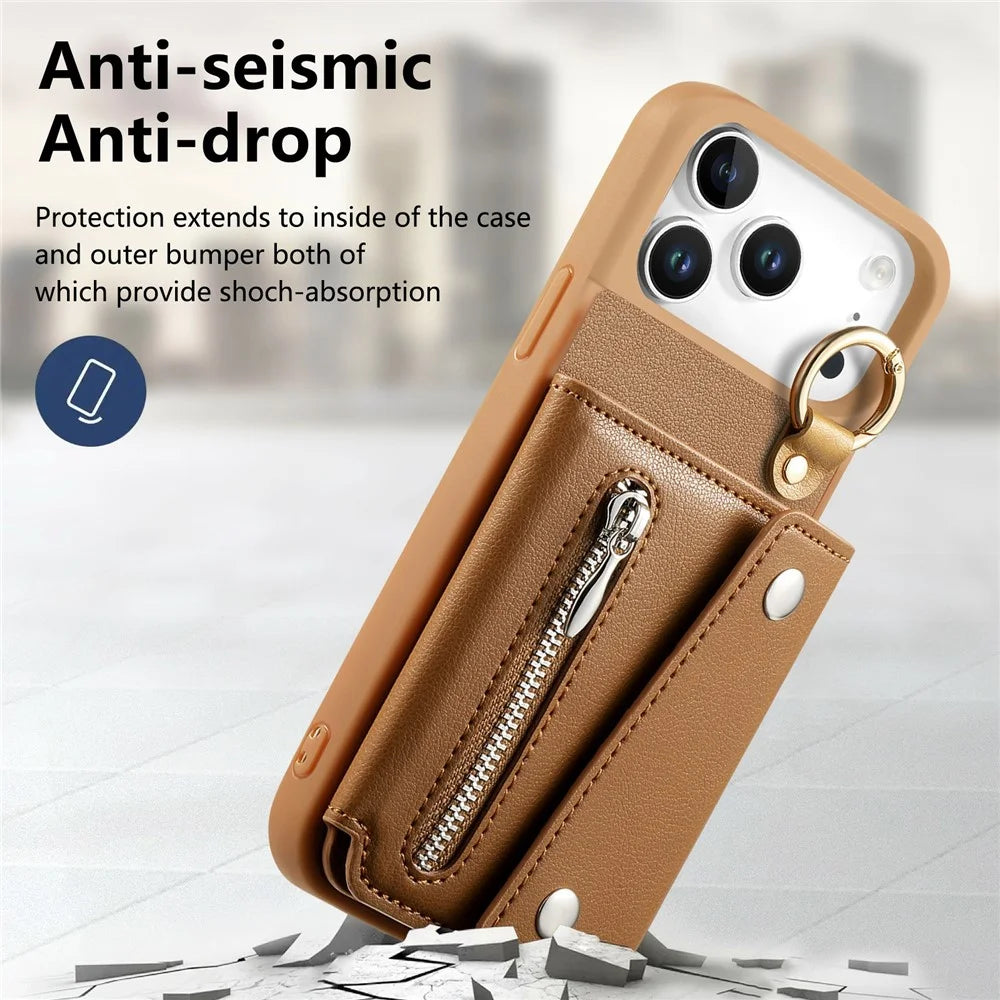 For iPhone 17 Pro Case D-Ring Holder Leather + PC + TPU Phone Cover with Wallet Kickstand - Brown - 7