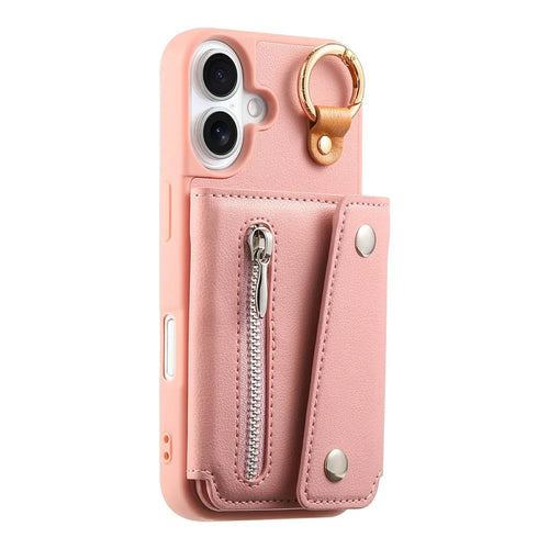 For iPhone 17 Case D-Ring Holder Leather + PC + TPU Phone Cover with Wallet Kickstand - Pink - 1
