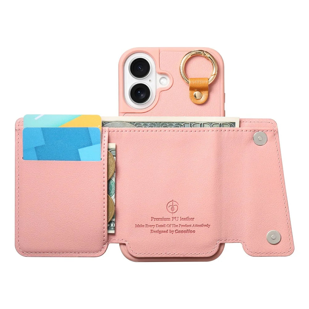 For iPhone 17 Case D-Ring Holder Leather + PC + TPU Phone Cover with Wallet Kickstand - Pink - 2