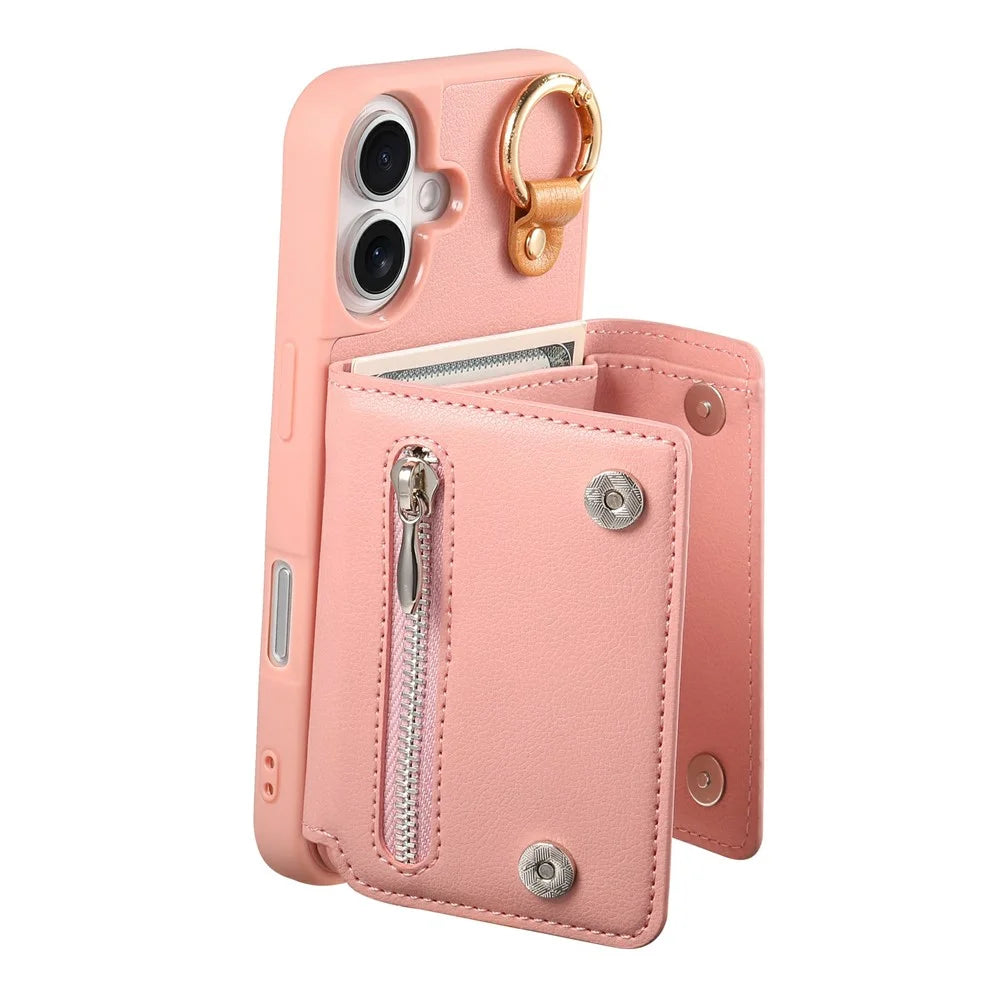 For iPhone 17 Case D-Ring Holder Leather + PC + TPU Phone Cover with Wallet Kickstand - Pink - 3
