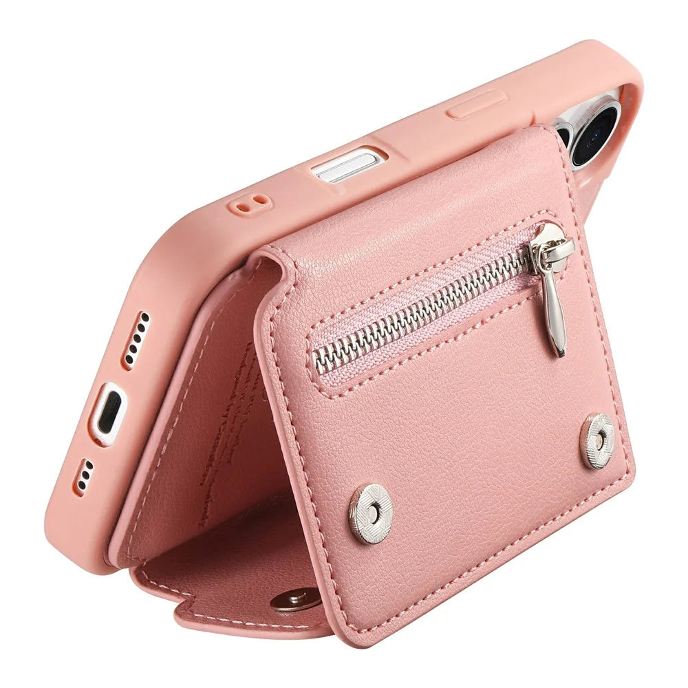 For iPhone 17 Case D-Ring Holder Leather + PC + TPU Phone Cover with Wallet Kickstand - Pink - 4