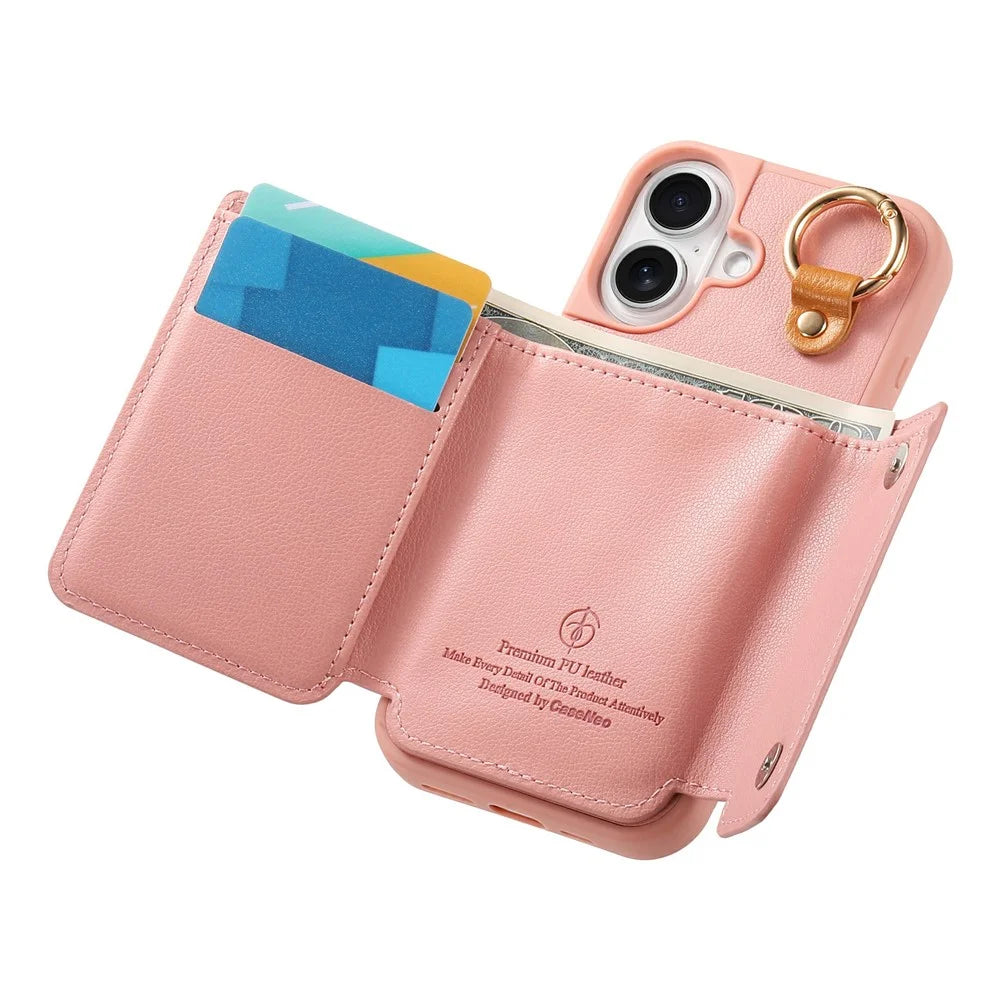 For iPhone 17 Case D-Ring Holder Leather + PC + TPU Phone Cover with Wallet Kickstand - Pink - 5