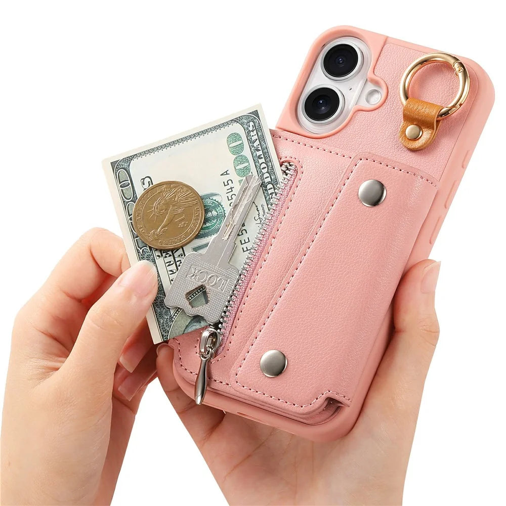 For iPhone 17 Case D-Ring Holder Leather + PC + TPU Phone Cover with Wallet Kickstand - Pink - 6