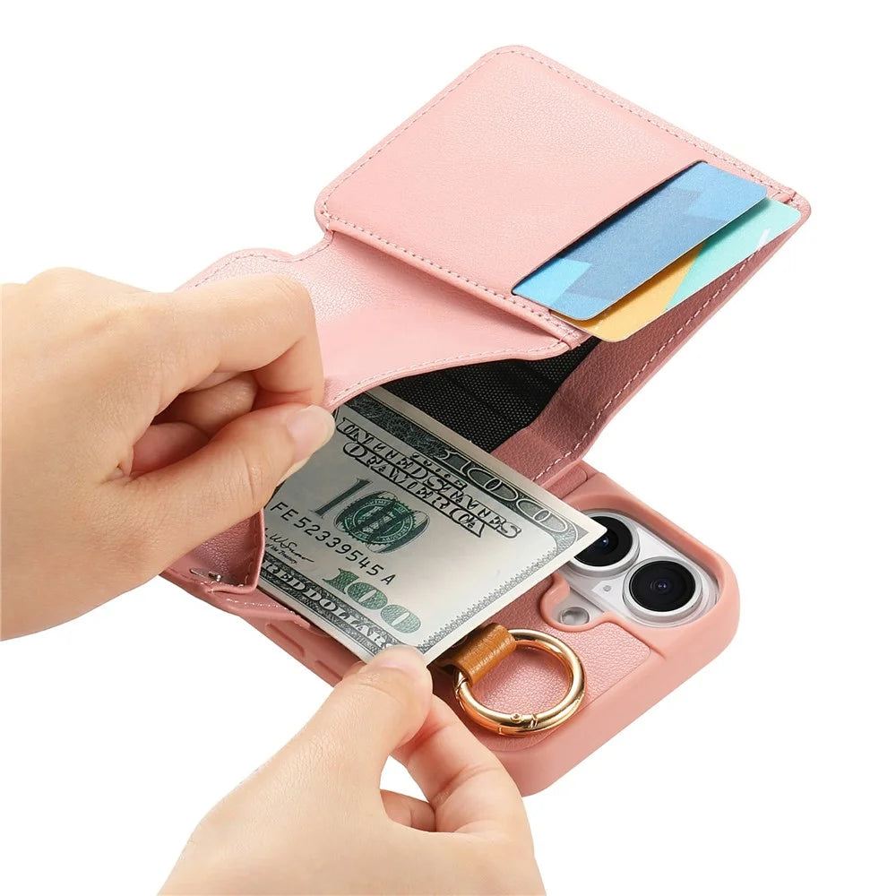 For iPhone 17 Case D-Ring Holder Leather + PC + TPU Phone Cover with Wallet Kickstand - Pink - 7