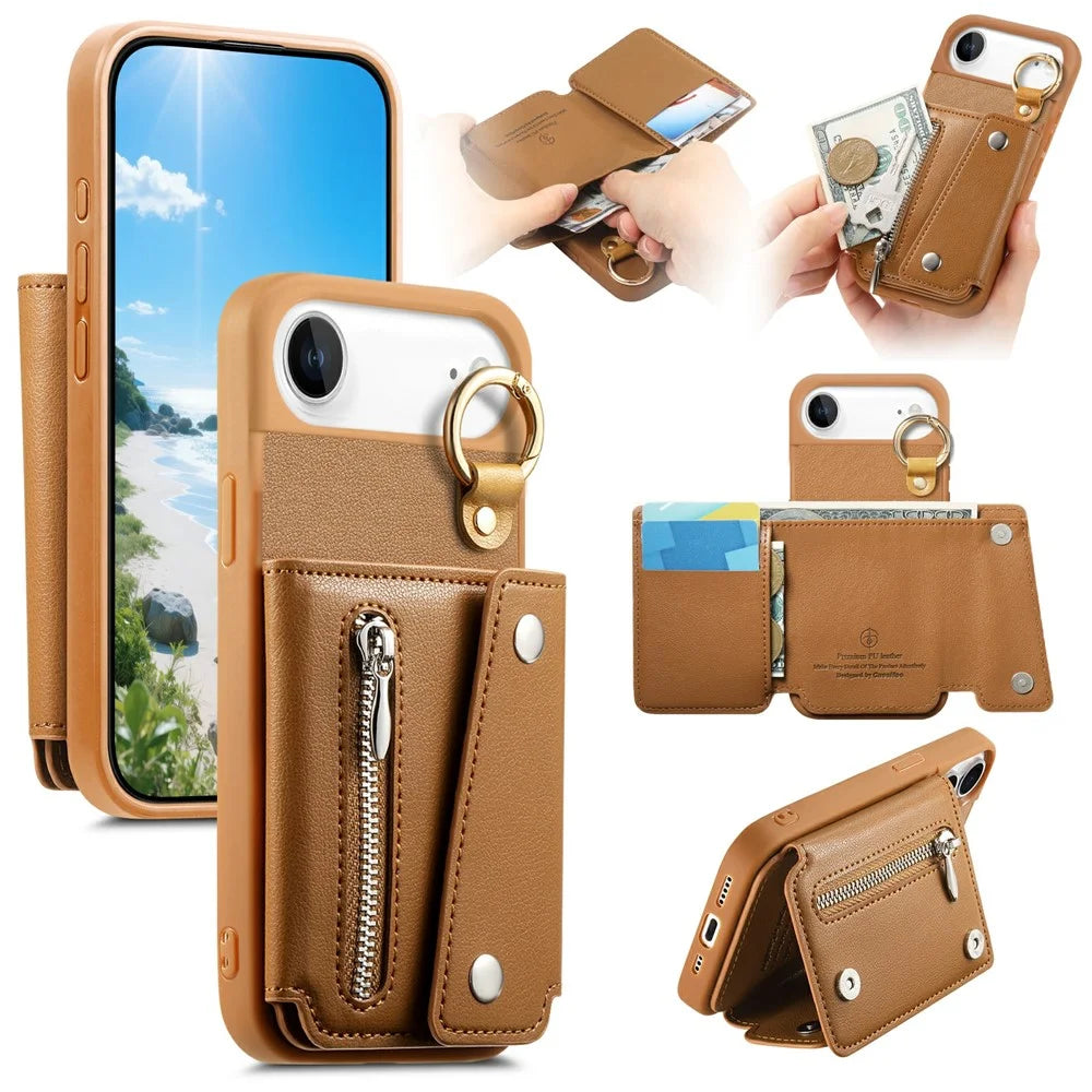For iPhone Air Case D-Ring Holder Leather + PC + TPU Phone Cover with Wallet Kickstand - Brown - 1