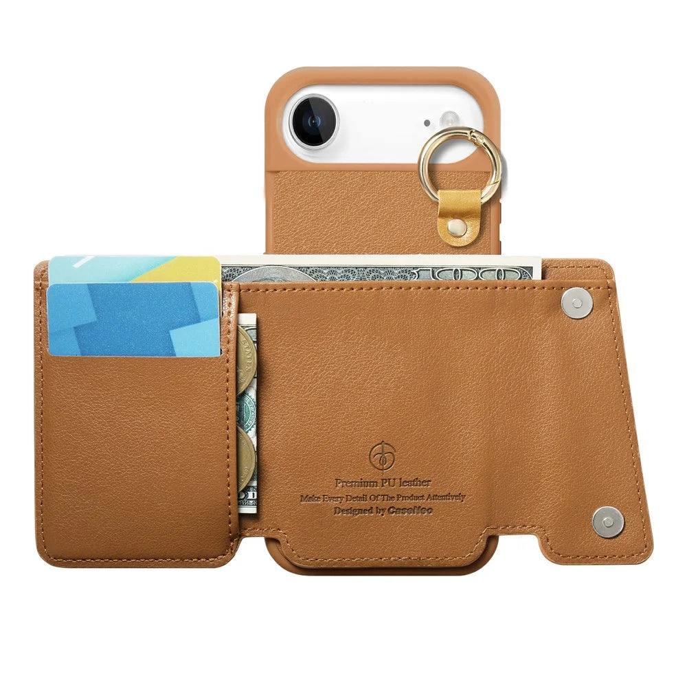 For iPhone Air Case D-Ring Holder Leather + PC + TPU Phone Cover with Wallet Kickstand - Brown - 2