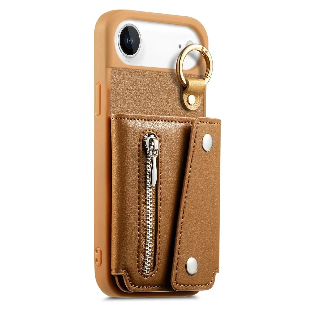 For iPhone Air Case D-Ring Holder Leather + PC + TPU Phone Cover with Wallet Kickstand - Brown - 4