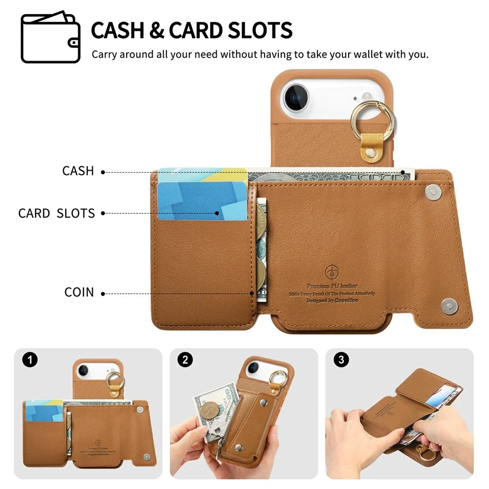 For iPhone Air Case D-Ring Holder Leather + PC + TPU Phone Cover with Wallet Kickstand - Brown - 5