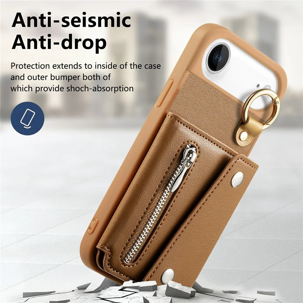 For iPhone Air Case D-Ring Holder Leather + PC + TPU Phone Cover with Wallet Kickstand - Brown - 7