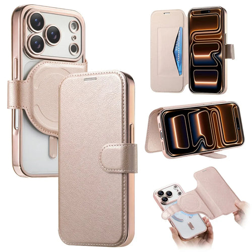 For iPhone 18 Pro / 17 Pro Case Compatible with MagSafe Detachable Leather Phone Cover with Lens Film - Rose Gold - 1