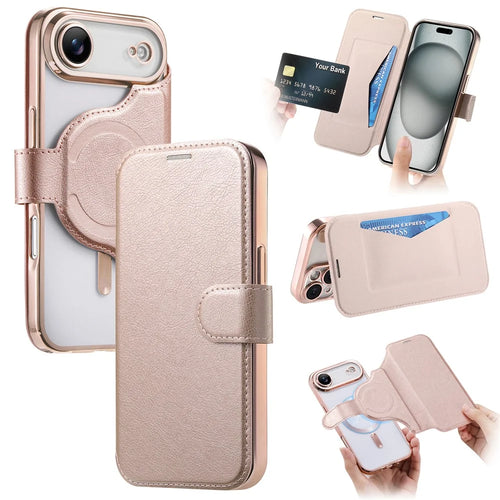 For iPhone Air Case Compatible with MagSafe Detachable Leather Phone Cover with Lens Film - Rose Gold - 1