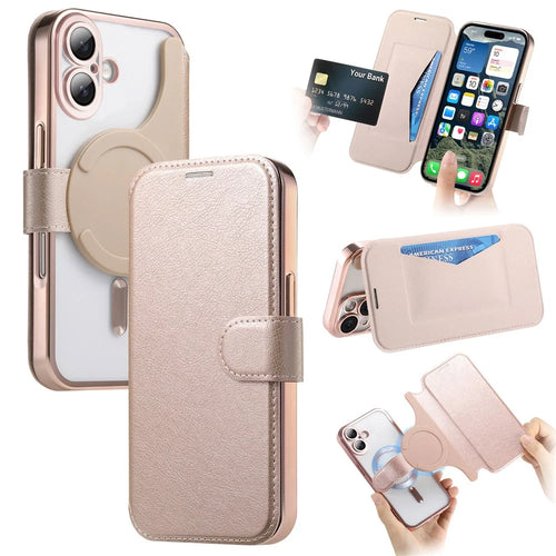 For iPhone 17 Case Compatible with MagSafe Detachable Leather Phone Cover with Lens Film - Rose Gold - 1
