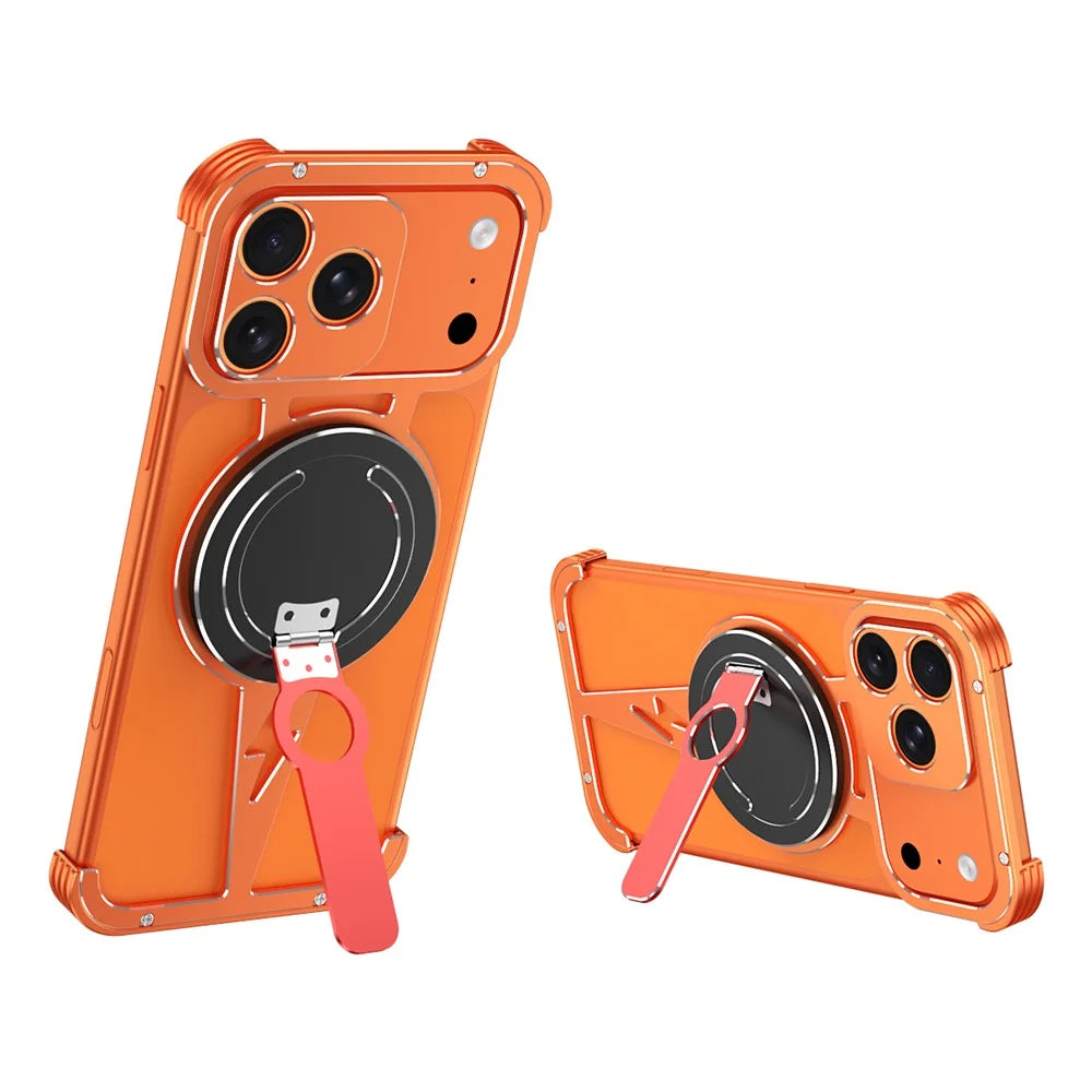 For iPhone 17 Pro Magnetic Case Aluminum Alloy Framless Phone Cover with Kickstand / Lens Protector - Orange - 1