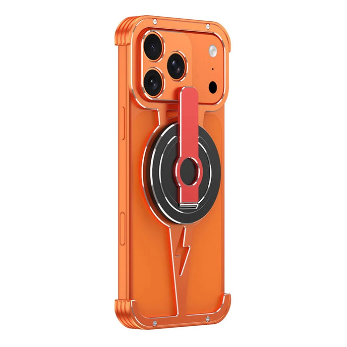 For iPhone 17 Pro Magnetic Case Aluminum Alloy Framless Phone Cover with Kickstand / Lens Protector - Orange - 2