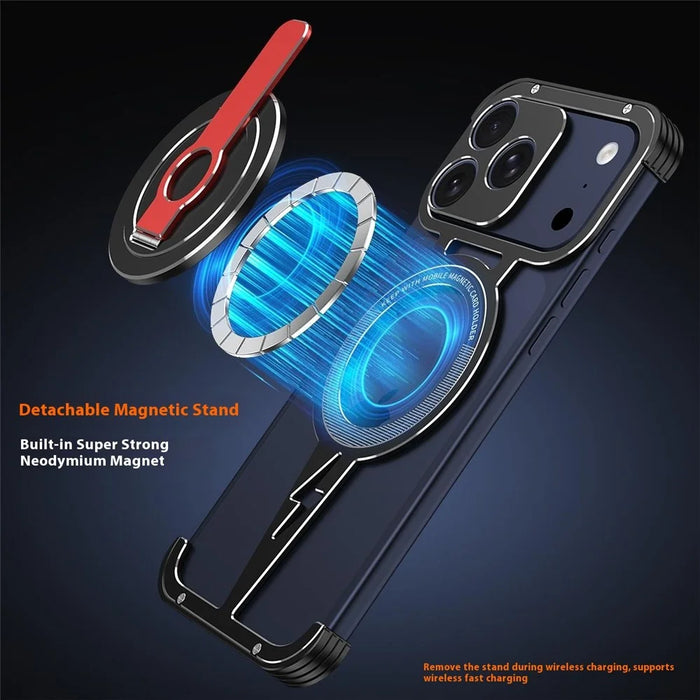 For iPhone 17 Pro Magnetic Case Aluminum Alloy Framless Phone Cover with Kickstand / Lens Protector - Orange - 4