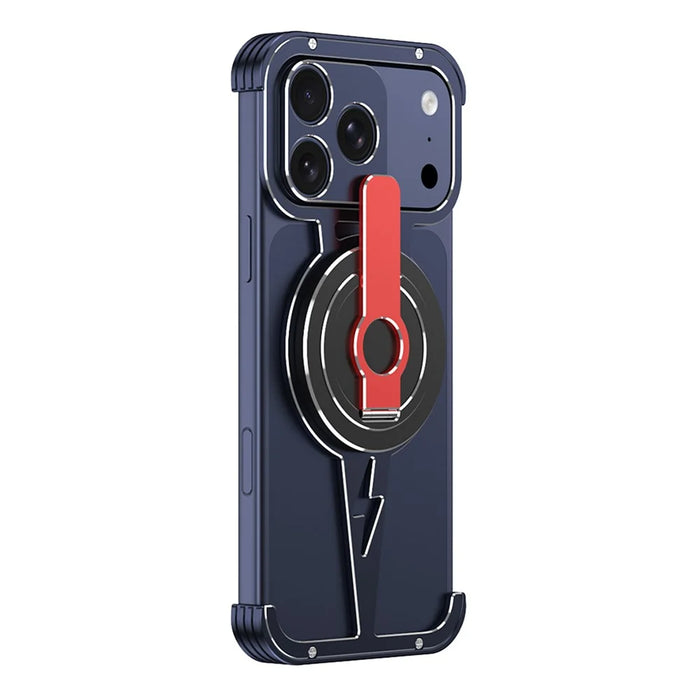 For iPhone 17 Pro Max Magnetic Case Aluminum Alloy Framless Phone Cover with Kickstand / Lens Protector - Blue - 2