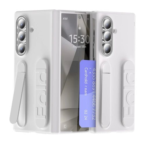 For Samsung Galaxy Z Fold7 5G Case Kickstand Wristband PC Phone Cover with Card Holder - White - 1