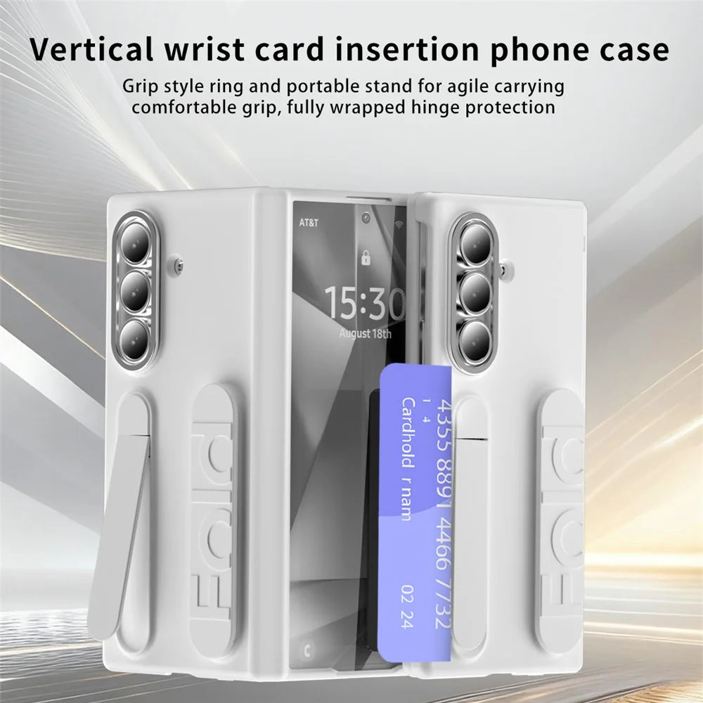 For Samsung Galaxy Z Fold7 5G Case Kickstand Wristband PC Phone Cover with Card Holder - White - 2