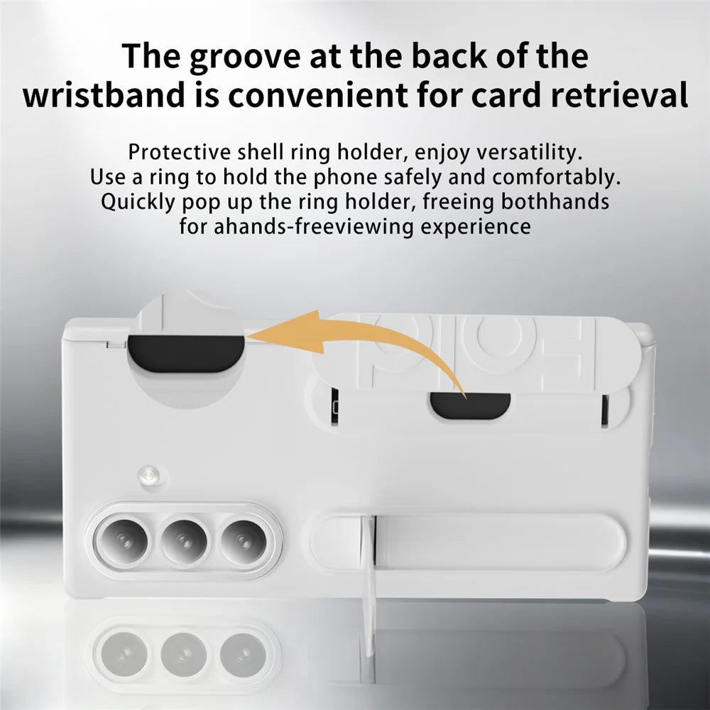For Samsung Galaxy Z Fold7 5G Case Kickstand Wristband PC Phone Cover with Card Holder - White - 6