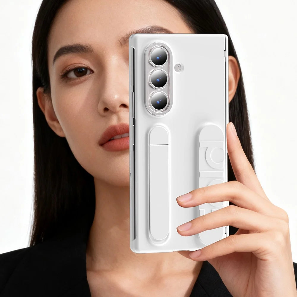 For Samsung Galaxy Z Fold7 5G Case Kickstand Wristband PC Phone Cover with Card Holder - White - 7