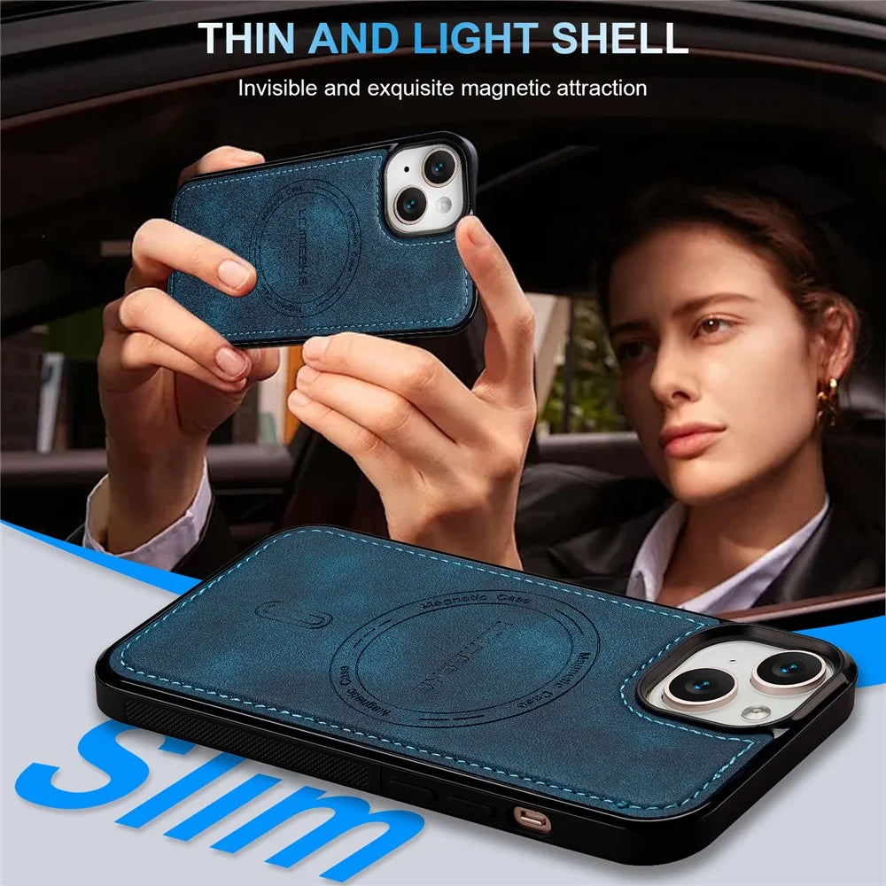 LC.IMEEKE L6 For iPhone 15 Case PU Leather Coated PC TPU Phone Cover Compatible with MagSafe - Blue - 5