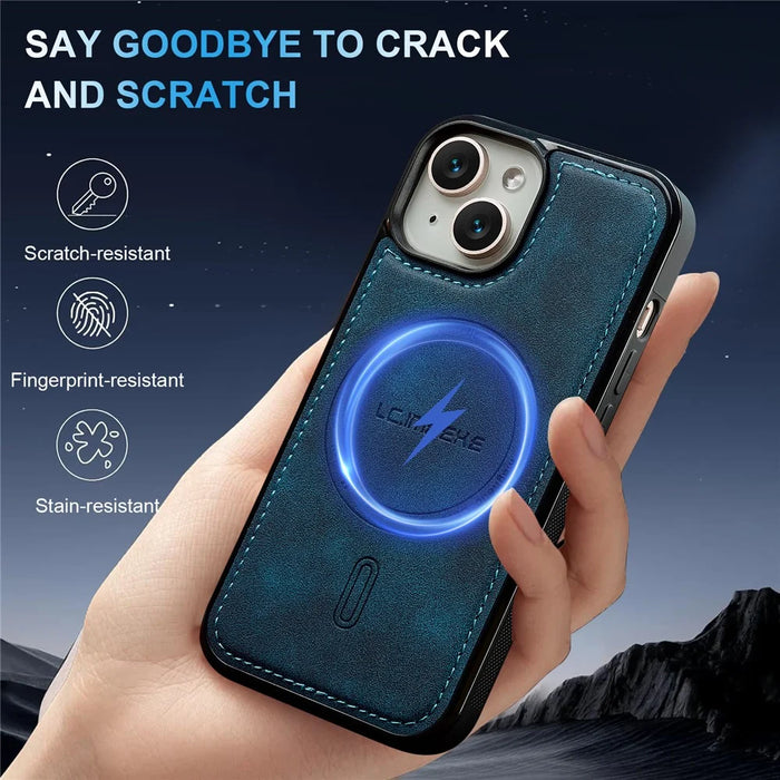 LC.IMEEKE L6 For iPhone 14 / 13 Case PU Leather Coated PC TPU Phone Cover Compatible with MagSafe - Blue - 4