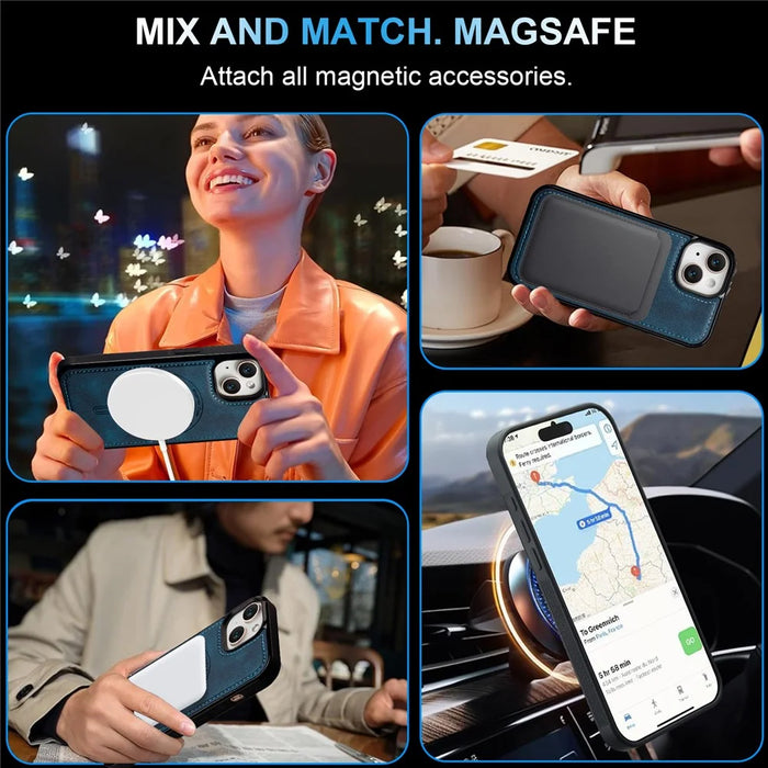 LC.IMEEKE L6 For iPhone 14 / 13 Case PU Leather Coated PC TPU Phone Cover Compatible with MagSafe - Blue - 6