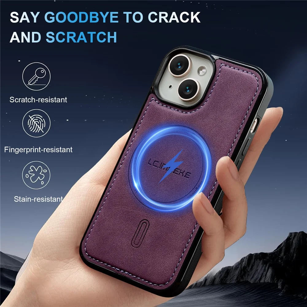 LC.IMEEKE L6 For iPhone 15 Plus / 14 Plus Case PU Leather Coated PC TPU Phone Cover Compatible with MagSafe - Purple - 4
