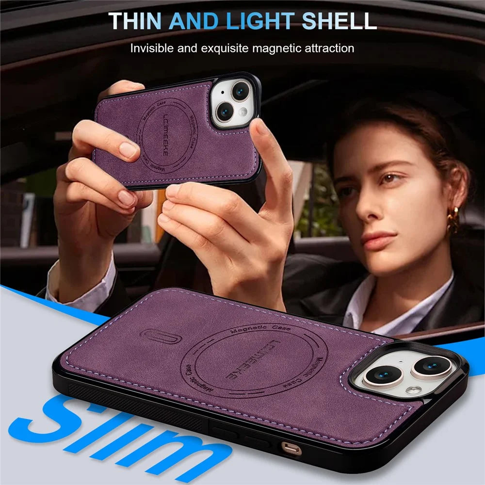 LC.IMEEKE L6 For iPhone 15 Plus / 14 Plus Case PU Leather Coated PC TPU Phone Cover Compatible with MagSafe - Purple - 5
