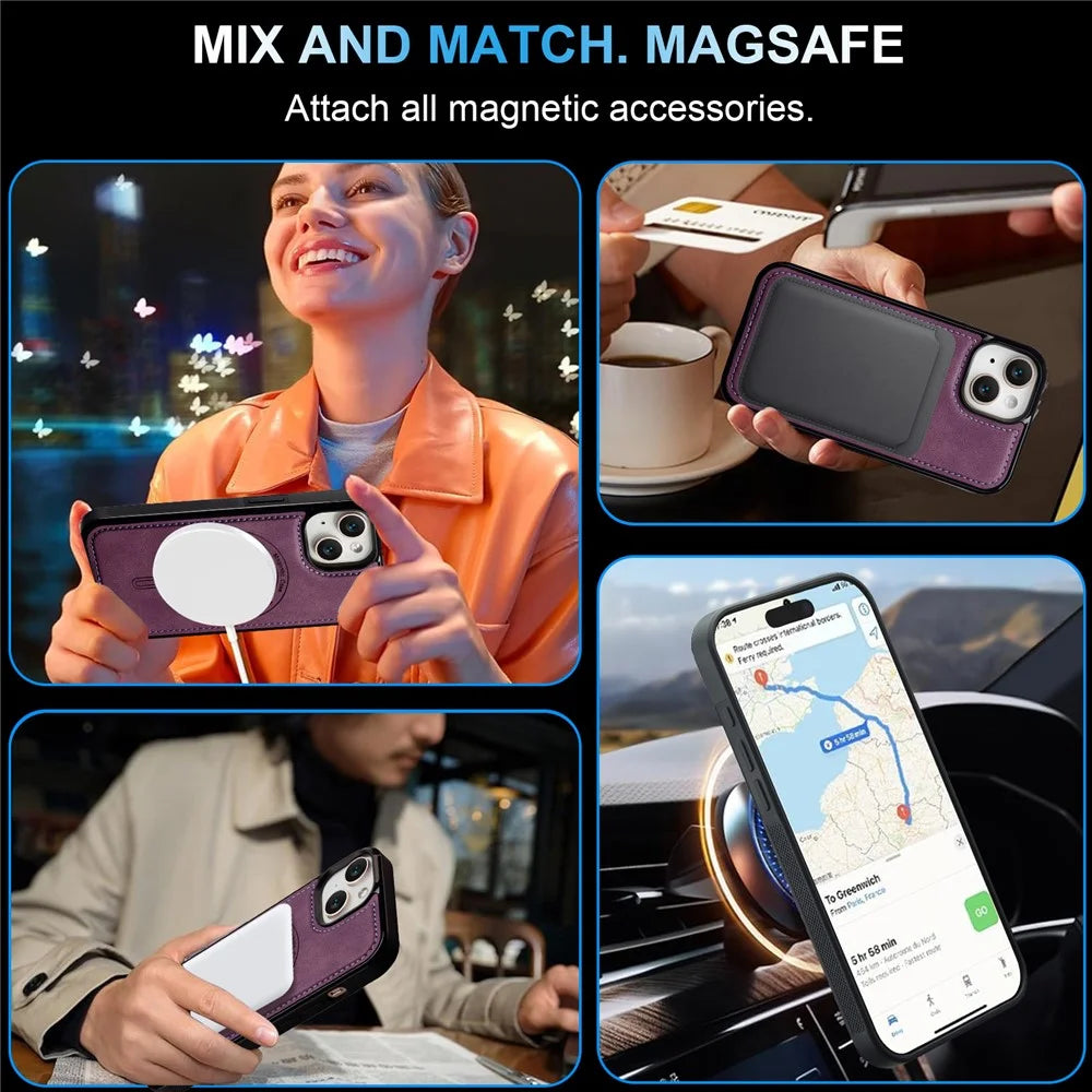 LC.IMEEKE L6 For iPhone 15 Plus / 14 Plus Case PU Leather Coated PC TPU Phone Cover Compatible with MagSafe - Purple - 6