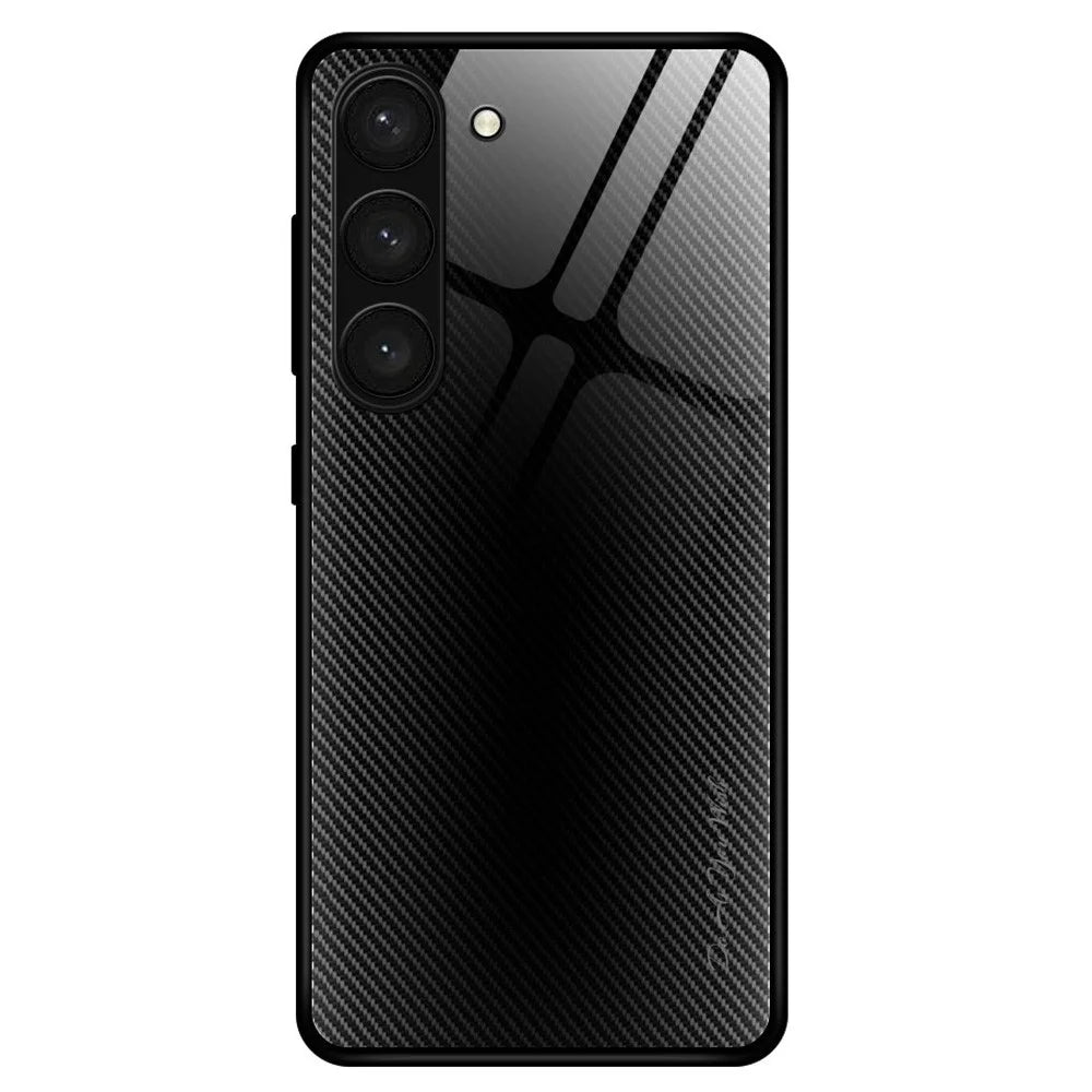 For Samsung Galaxy S23 Phone Case Carbon Fiber Texture Slim Case Tempered Glass+TPU Anti-Drop Phone Cover - Black - 1